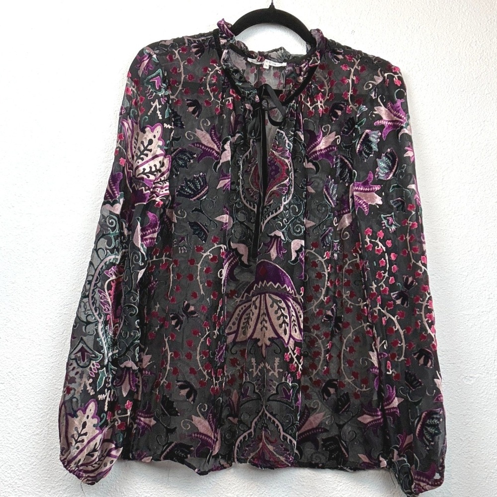 Violet + Claire Black Floral Burnout Velvet Top - Large - Boho Tie Neck Romantic